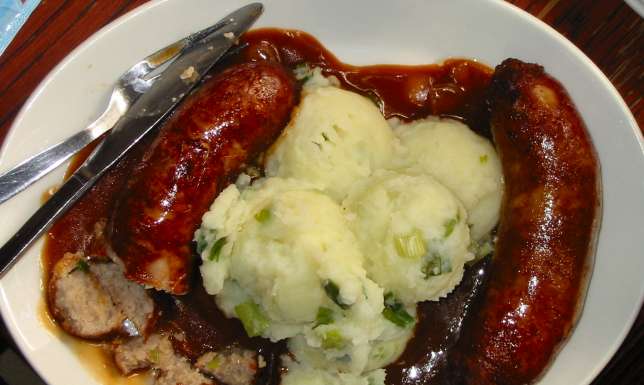 Bangers and mash, also known as sausages 